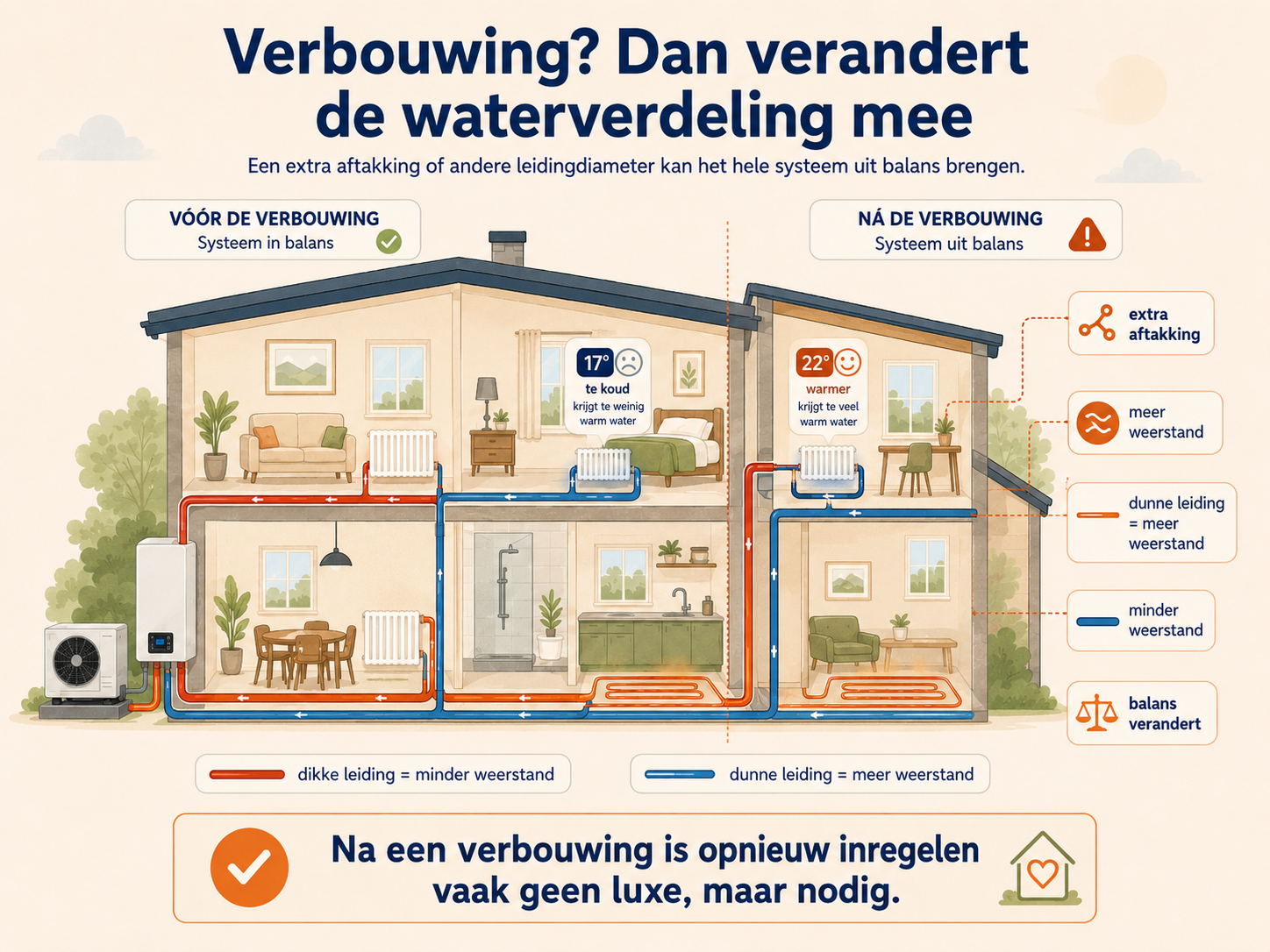 Verbouwing of uitbouw kan de waterverdeling en warmtevraag in huis veranderen
