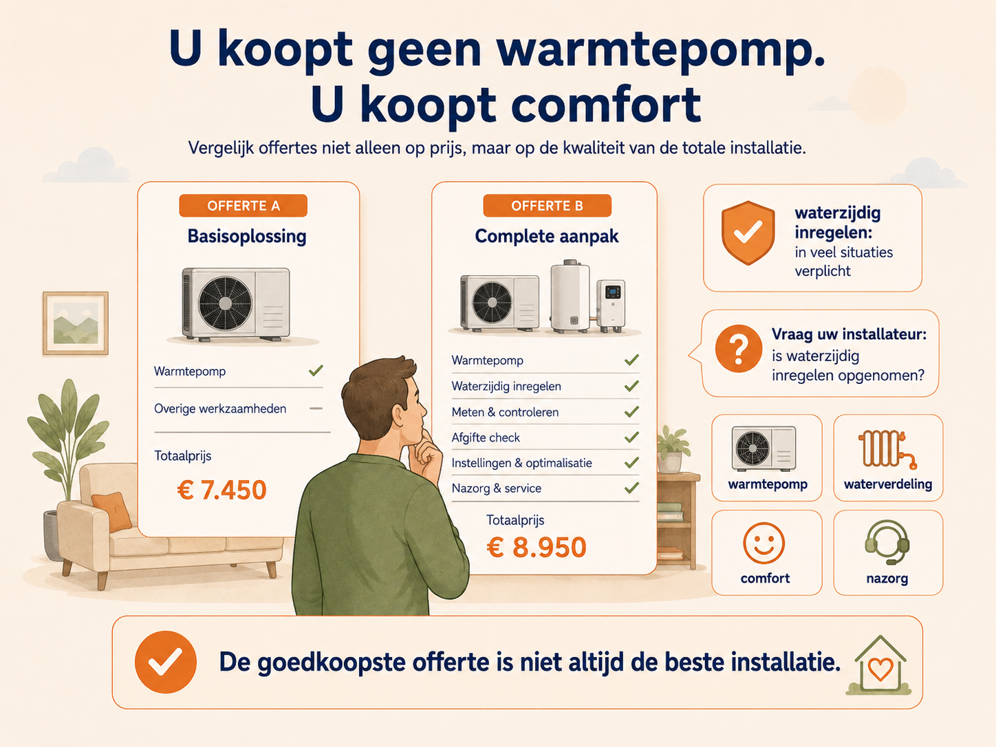 Comfort in huis ontstaat als warmtebron, waterstroming, afgifte en regeling samenwerken